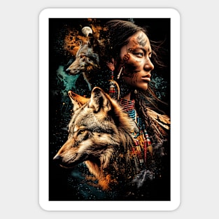 Native American Indian Woman with Coyote Spirit Animal Sticker